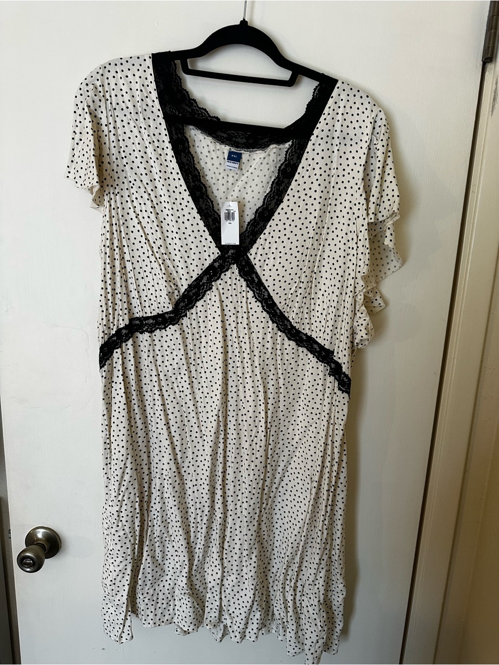 Old Navy Cream Polka Dot Dress with Black Lace Trim